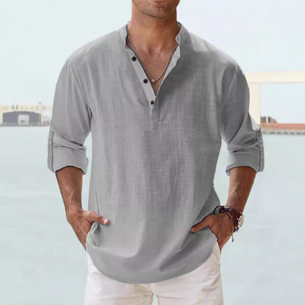 Men's Linen Stand-up Collar Long Sleeve T-shirt Loose Undershirt - Image 8