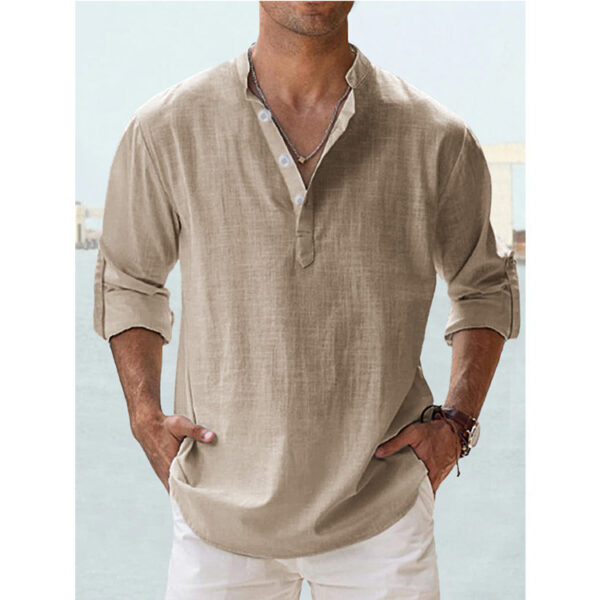 Men's Linen Stand-up Collar Long Sleeve T-shirt Loose Undershirt - Image 7